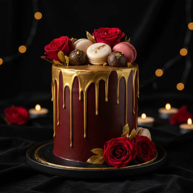 Artisan cake and chocolates paired with a flower bouquet
