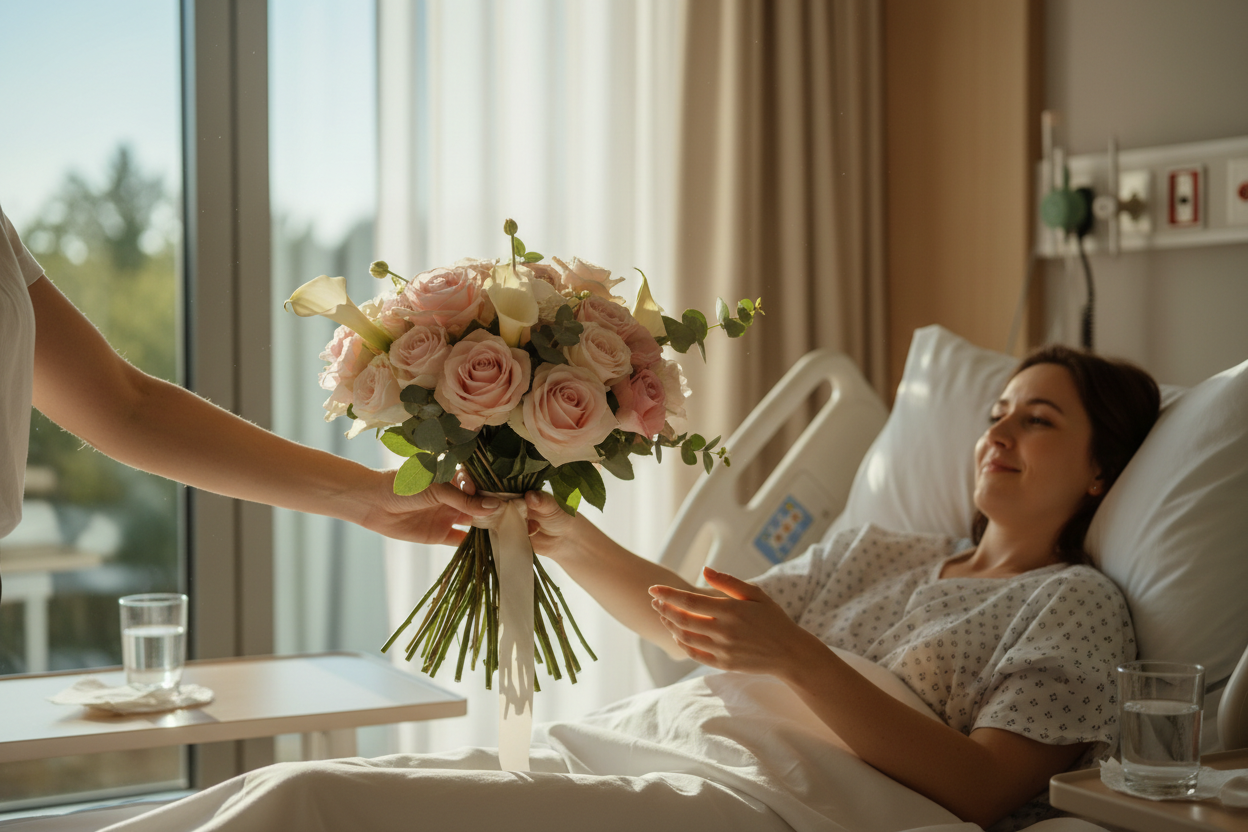 بوكيه زهور ناعمة مع بالون سلامتك – Get well soon flower bouquet with balloon