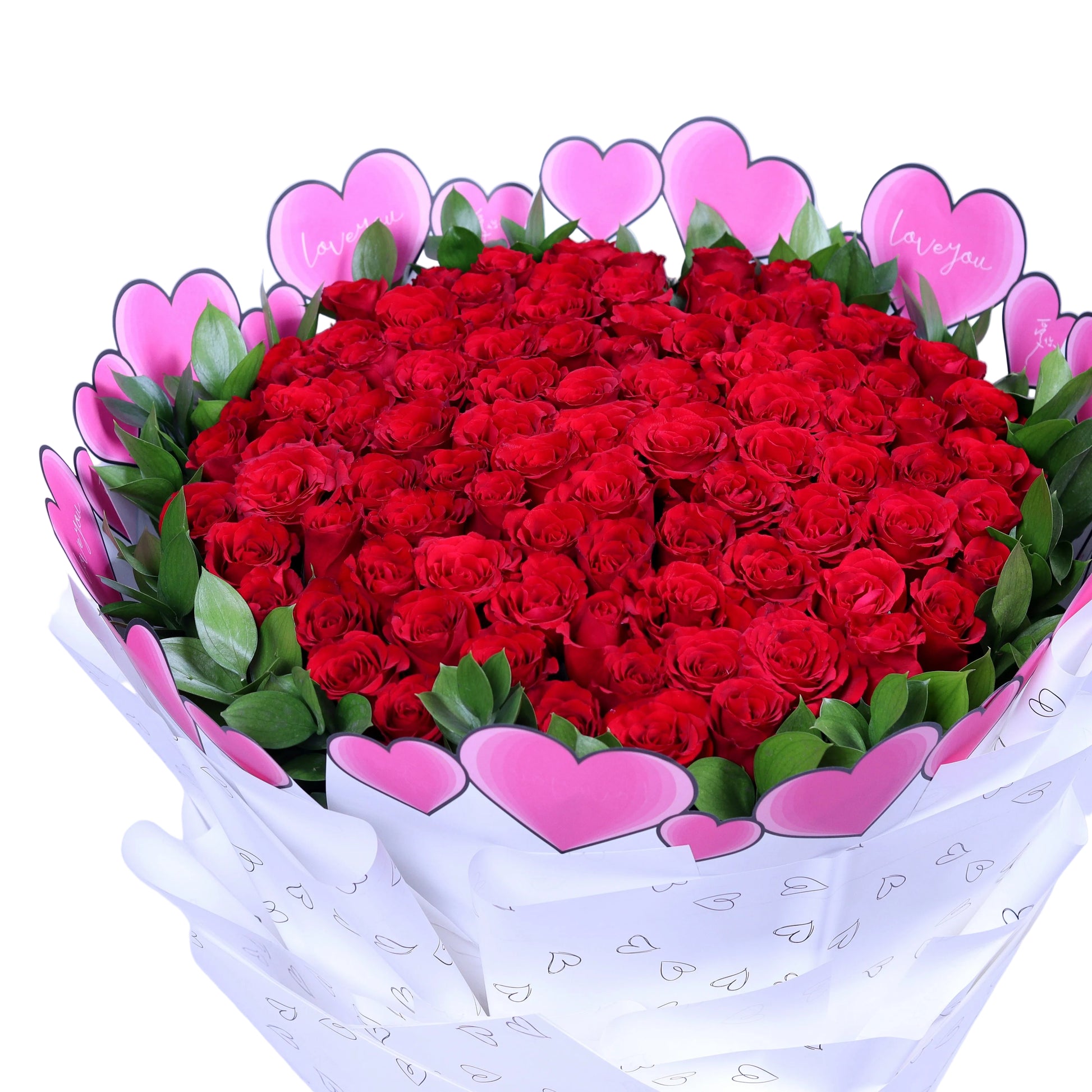 Make an unforgettable statement of love with the “Centennial Love” 100 Red Roses Bouquet, featuring 100 luxurious red roses paired with fresh ruscus leaves, elegantly wrapped in pristine white paper. Perfect for Valentine’s Day, anniversaries, weddings, or grand romantic gestures, this bouquet exudes sophistication, passion, and elegance. A truly magnificent gift that conveys love in its most breathtaking form.