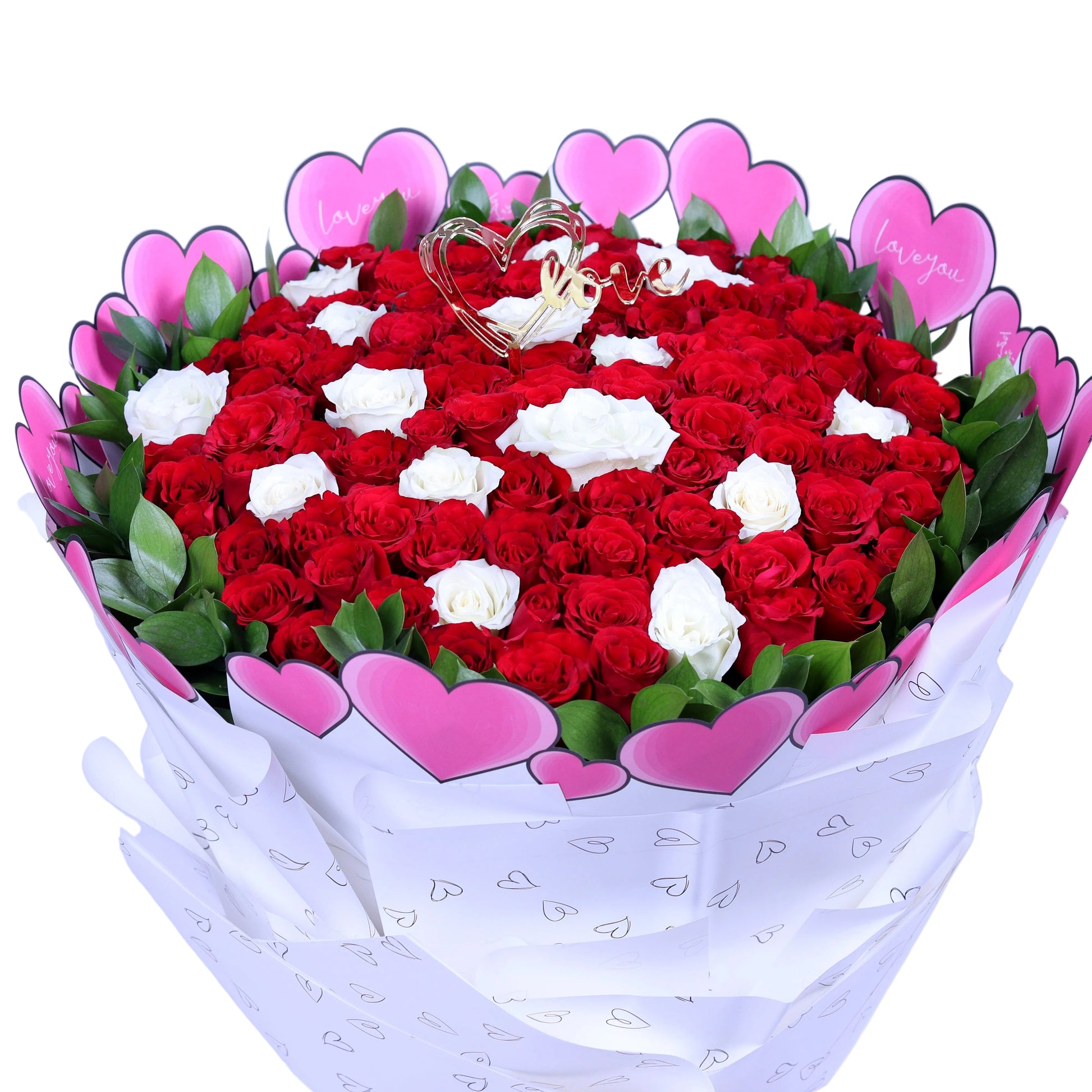Celebrate love and elegance with the “Eternal Harmony” 100 Roses Bouquet, featuring 85 vibrant red roses and 15 pure white roses complemented by fresh ruscus leaves, all wrapped in sophisticated white paper. Perfect for Valentine’s Day, anniversaries, weddings, or grand romantic gestures, this luxurious bouquet symbolizes passion, purity, and timeless elegance. A breathtaking gift that will leave a lasting impression.