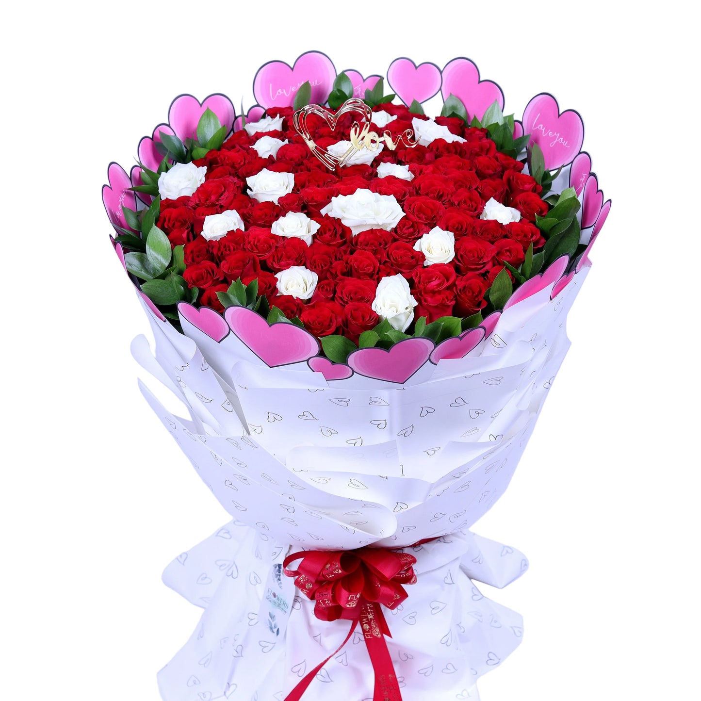 Celebrate love and elegance with the “Eternal Harmony” 100 Roses Bouquet, featuring 85 vibrant red roses and 15 pure white roses complemented by fresh ruscus leaves, all wrapped in sophisticated white paper. Perfect for Valentine’s Day, anniversaries, weddings, or grand romantic gestures, this luxurious bouquet symbolizes passion, purity, and timeless elegance. A breathtaking gift that will leave a lasting impression.