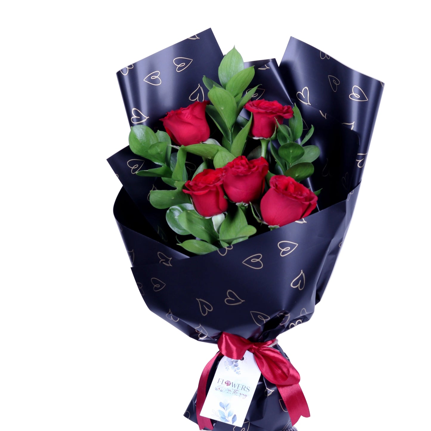 Make a lasting impression with the “Velvet Desire” Bouquet, featuring 5 fresh, vibrant red roses paired with lush ruscus leaves, elegantly wrapped in classic black paper. Perfect for Valentine’s Day, anniversaries, birthdays, or romantic gestures, this bouquet combines romance, elegance, and heartfelt emotion in a compact, luxurious design. A refined gift that expresses love with style and sophistication.