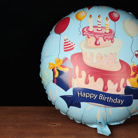 Blue Happy Birthday balloon with a birthday cake design