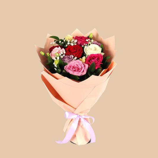 Elegant mixed flower bouquet with pink, white, purple, red, and fuchsia colors. Perfect gift with fast Dubai delivery.