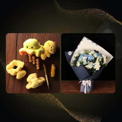 Blue Blooms & Accessories Offer – blue-wrapped bouquet of roses and hydrangea with a hair accessory set and pen