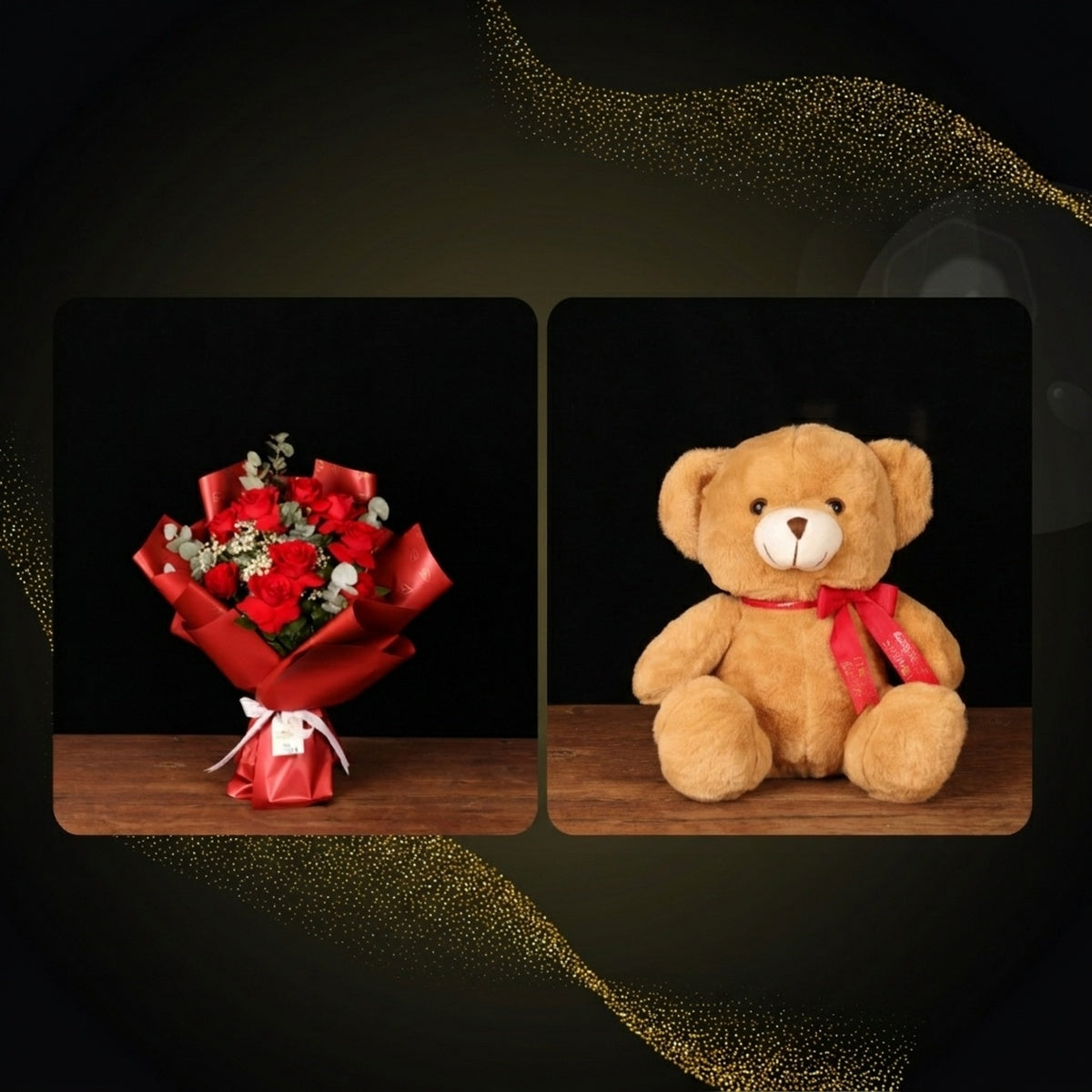 Red Roses & Teddy Offer – red rose bouquet with baby's breath in red wrap beside a 30cm brown teddy bear