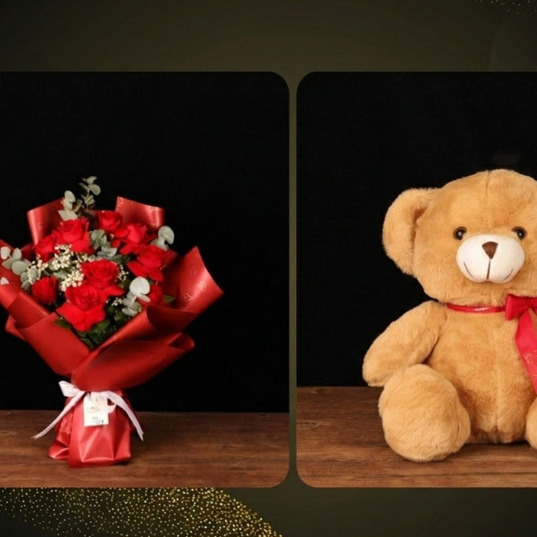 Red Roses & Teddy Offer – hand-tied red roses and brown plush bear, alternate view