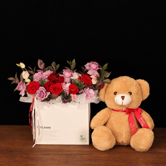 Birthday Blooms & Teddy Set – red and purple roses in a white square box with a 30cm teddy bear