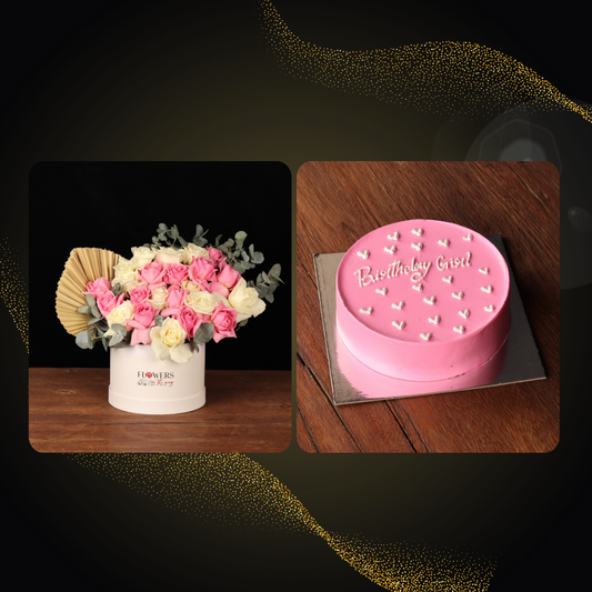 Pink and cream bouquet in a hat box next to a pink celebration cake