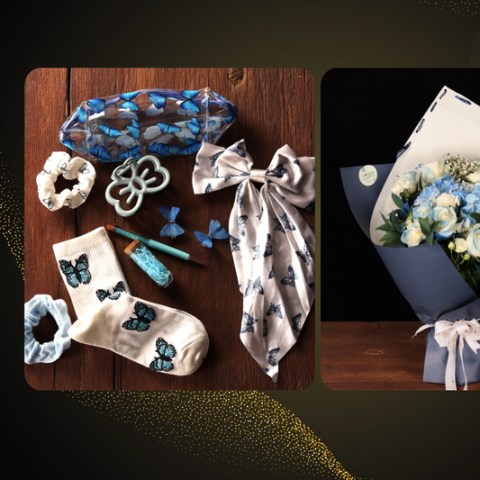 Blue and white bouquet with matching patterned accessories