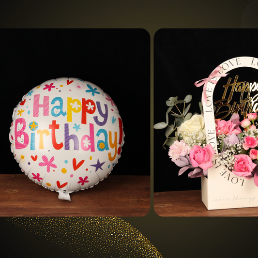 Happy Birthday balloon with an arch-shaped flower arrangement