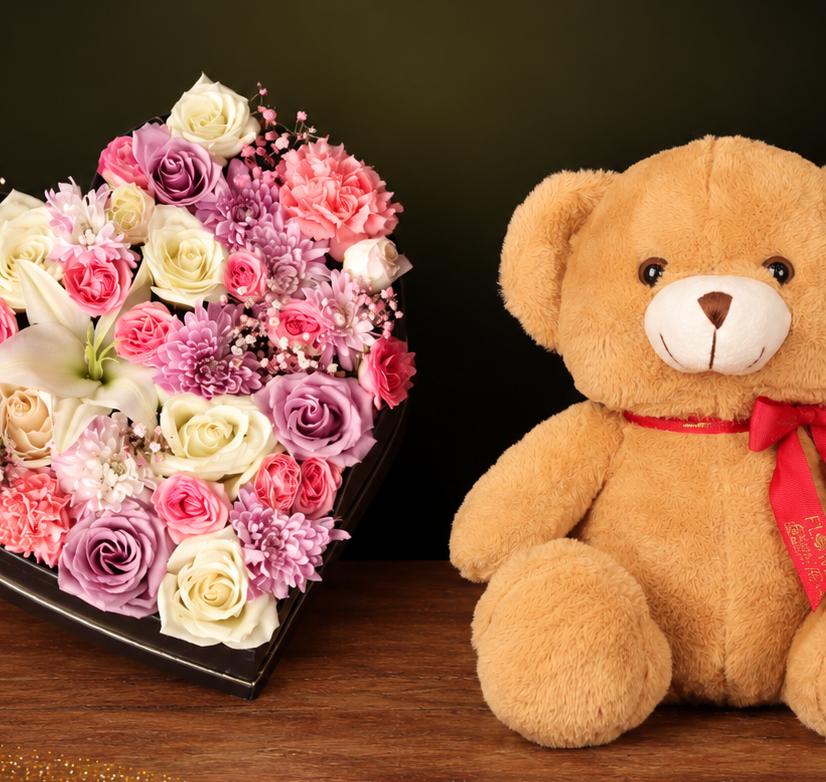 Heart Blooms & Teddy Offer – heart-shaped flower box with pink carnations and a plush teddy, alternate view