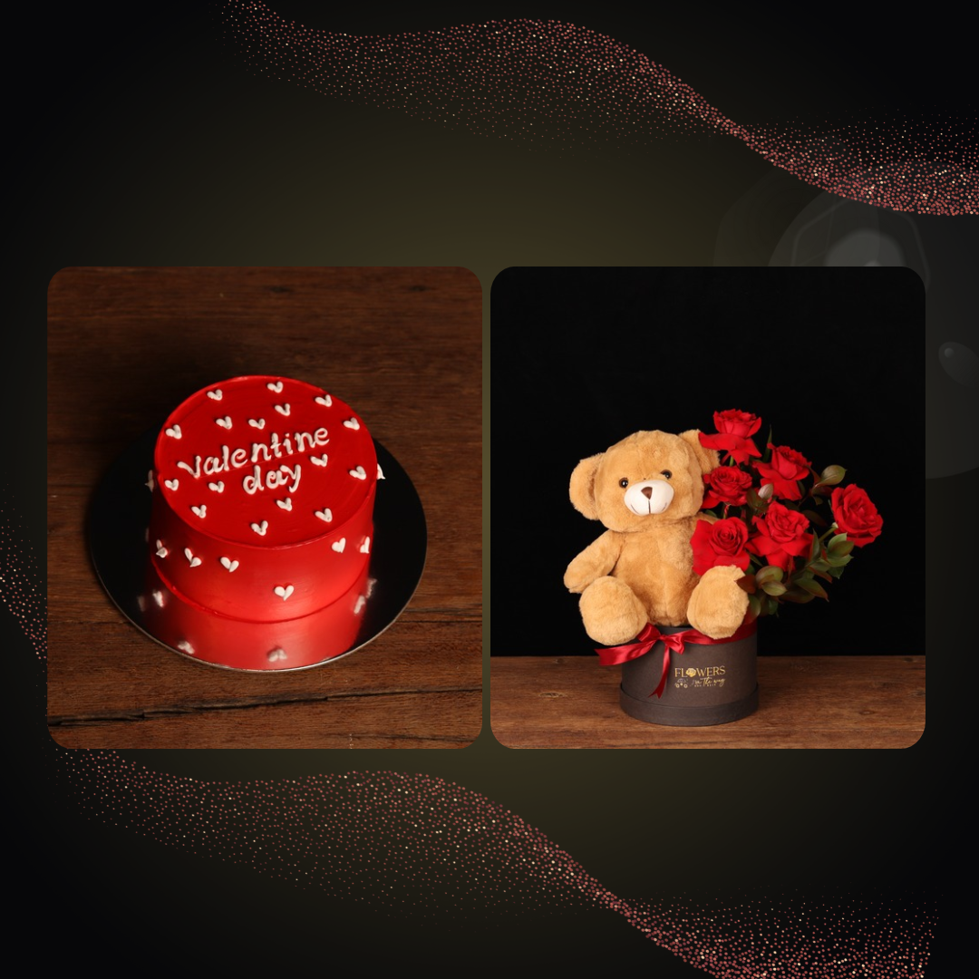 Beary Sweet Love Rose Box & Cake – red roses and teddy bear in black round box with Valentine cake, Dubai