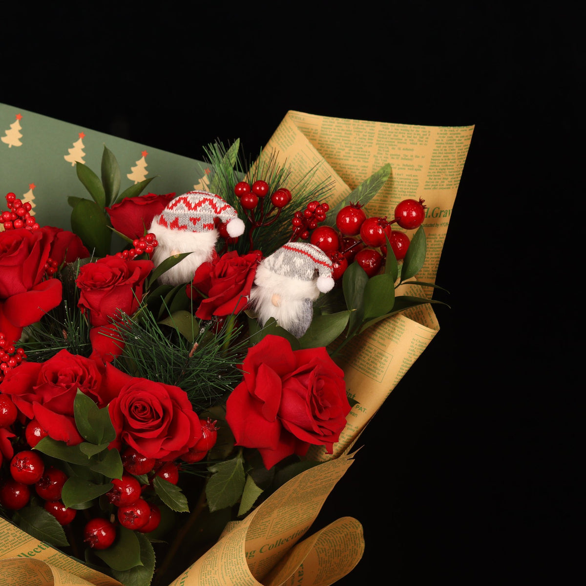 Chronicle Rose Bouquet - red roses and evergreen pine, Christmas flowers Dubai
