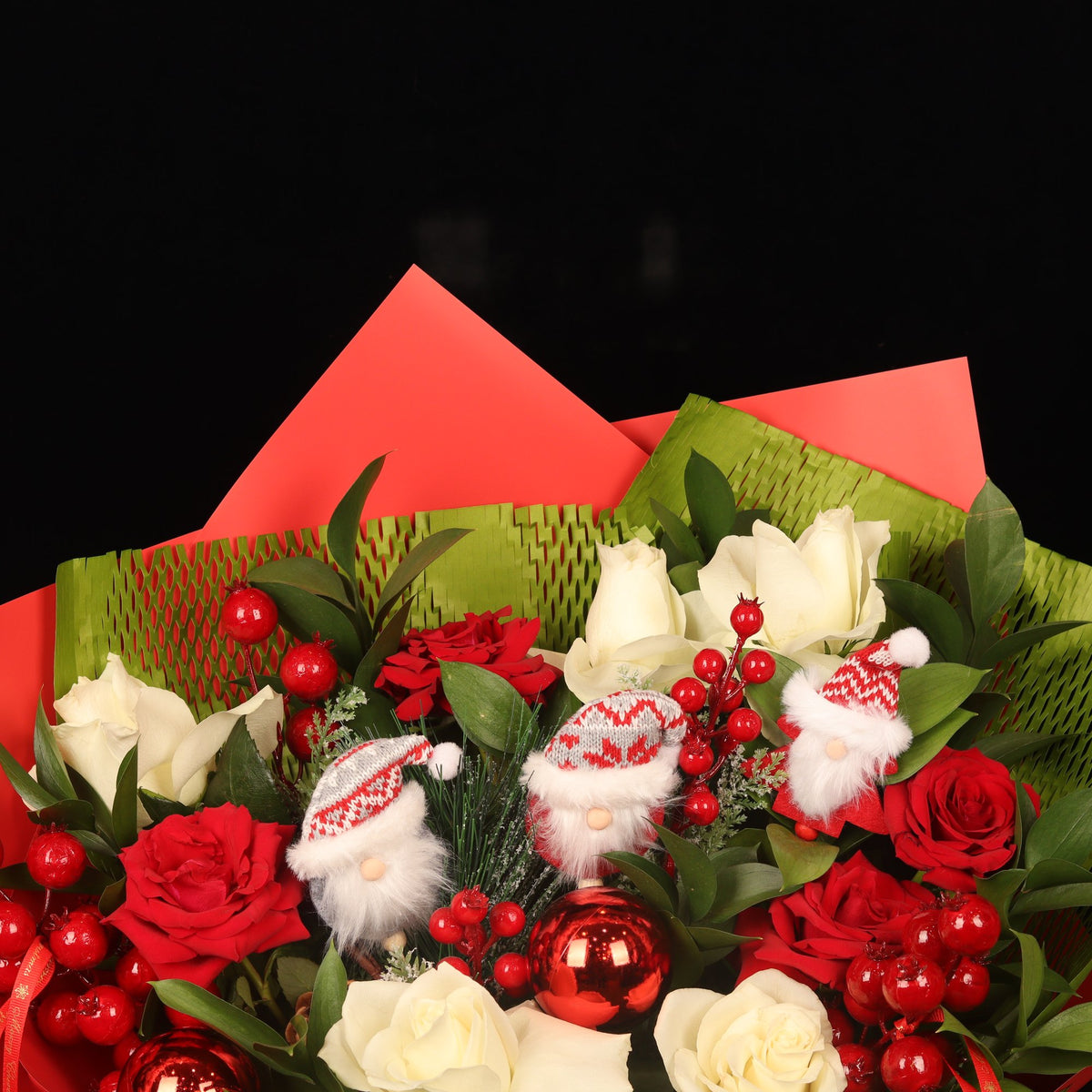 Crimson & Pine Holiday Bouquet - roses, red berries and ornaments, Christmas flowers Dubai