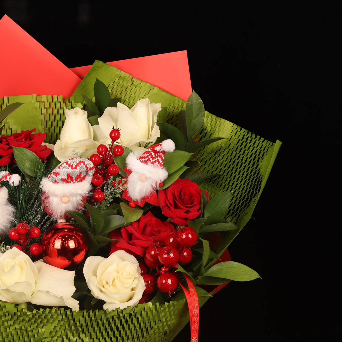 Crimson & Pine Holiday Bouquet - alternate view, Christmas flowers delivery Dubai