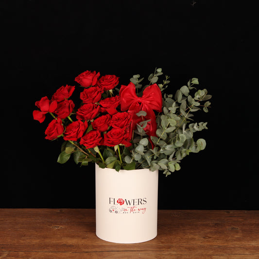 Duet of Love Floral – red roses and eucalyptus in white cylinder box, Valentine's Day flower delivery Dubai