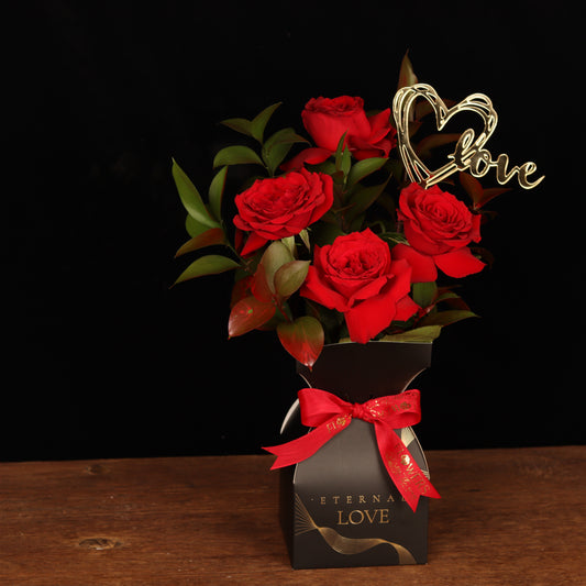 Golden Heart – red roses in dark box with gold heart topper, Valentine's Day flower delivery Dubai