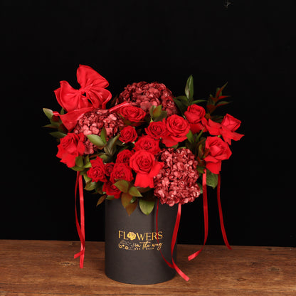 The Rose Melody – burgundy hydrangeas and red roses in dark box, Valentine's Day flower delivery Dubai