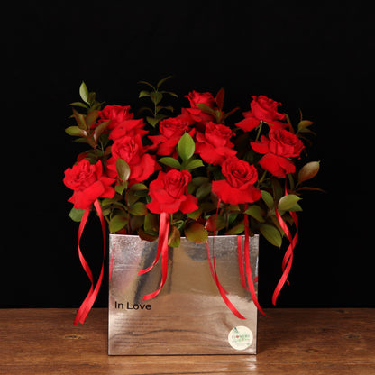 Silver Reflection In Love – red roses in mirror-finish silver “In Love” box, Valentine's Day flower delivery Dubai