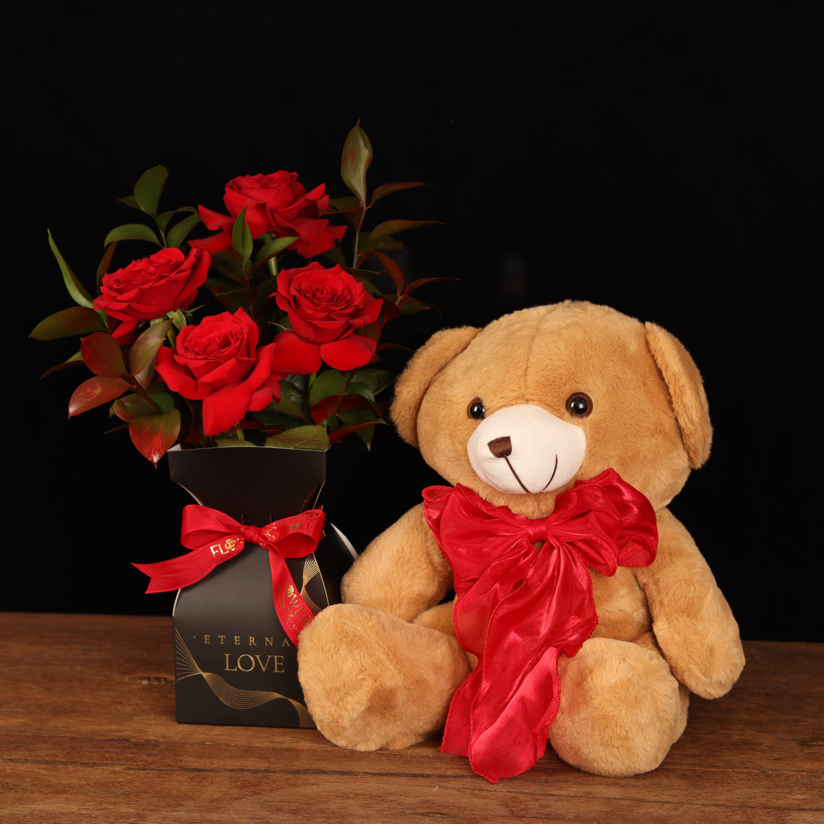 Bloom Valentine Set – red roses in dark box with plush teddy bear, alternate view, Valentine's Day flower delivery Dubai