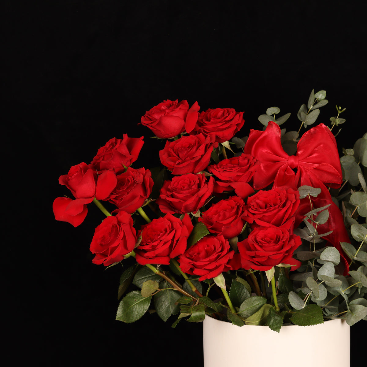 Duet of Love Floral – red roses and eucalyptus in white cylinder box, alternate view, Valentine's Day flower delivery Dubai