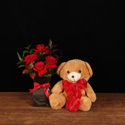 Bloom Valentine Set – red roses in dark box with plush teddy bear, Valentine's Day flower delivery Dubai