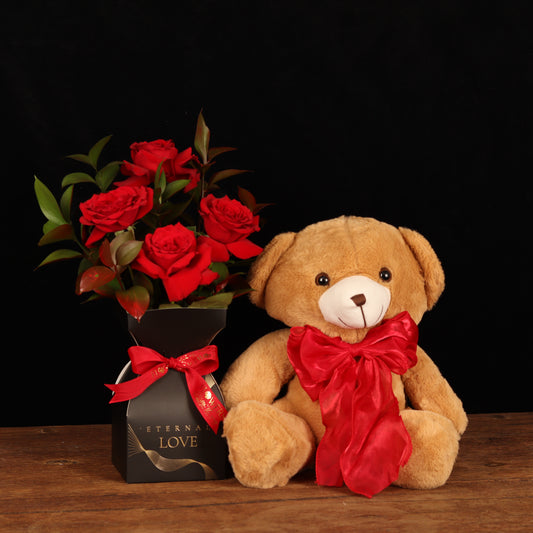 Bloom Valentine Set – red roses in dark box with plush teddy bear, alternate view, Valentine's Day flower delivery Dubai