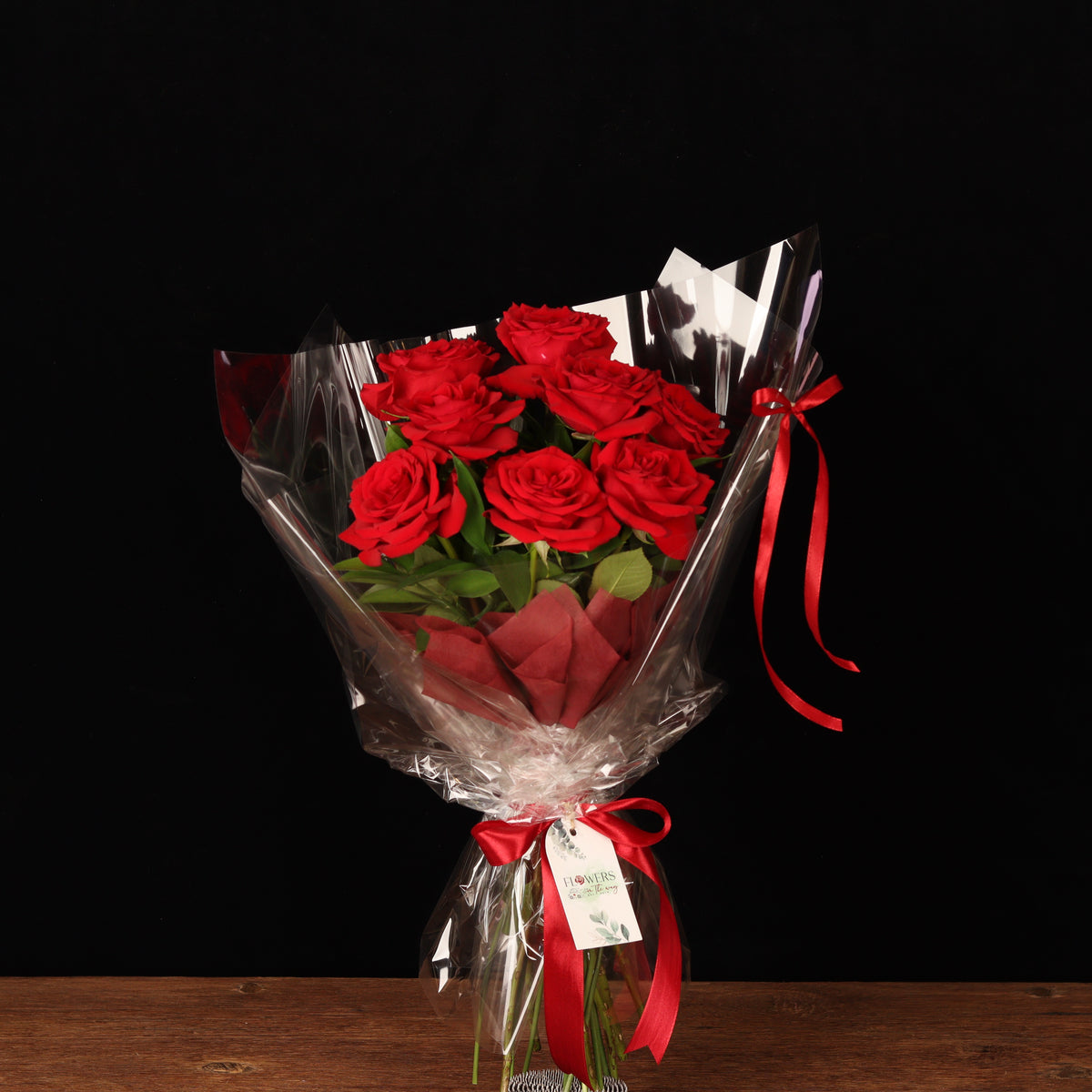 Scarlet Love Affair – red roses and eucalyptus bouquet in black wrapping, Valentine's Day flower delivery Dubai
