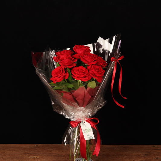 Scarlet Love Affair – red roses and eucalyptus bouquet in black wrapping, Valentine's Day flower delivery Dubai