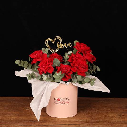 Blush Romance Rose Box – red roses and eucalyptus in blush-pink round box, Valentine's Day flower delivery Dubai