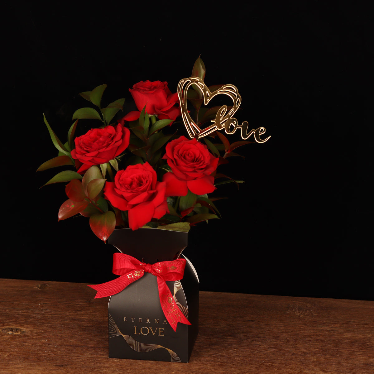 Golden Heart – red roses in dark box with gold heart topper, alternate view, Valentine's Day flower delivery Dubai