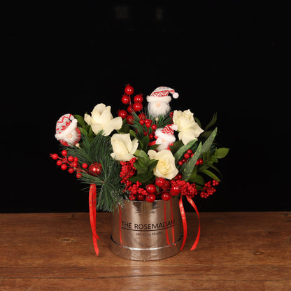 Enchanted Santa - white roses and mini Santas in a metallic silver Christmas flower box, flower delivery Dubai