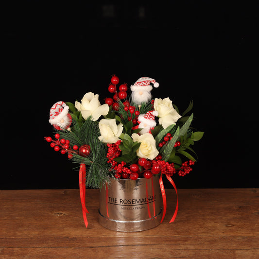 Enchanted Santa - white roses and mini Santas in a metallic silver Christmas flower box, flower delivery Dubai