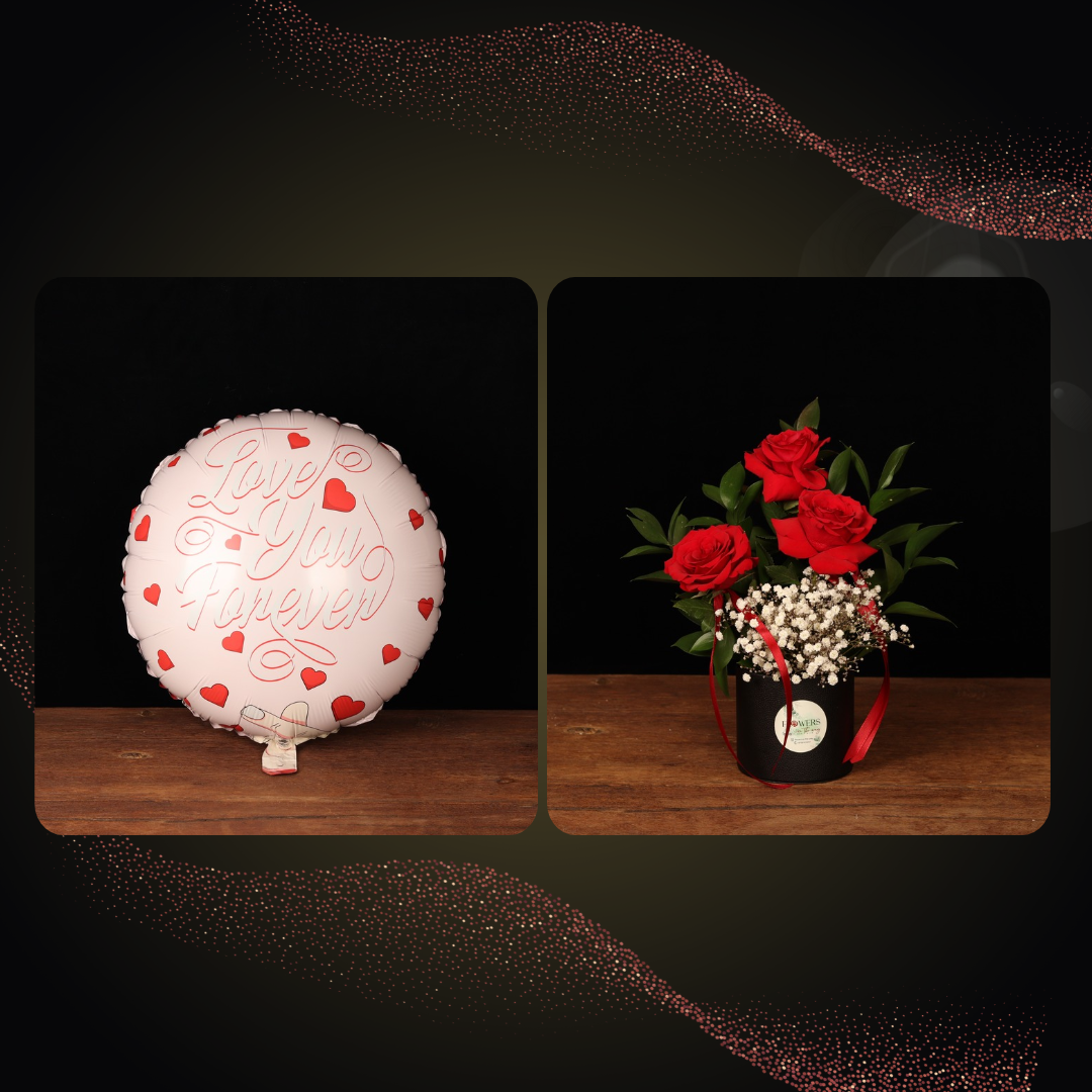 Forever Yours Rose Box & Balloon – 3 red roses in a black box with Love You Forever balloon, Dubai