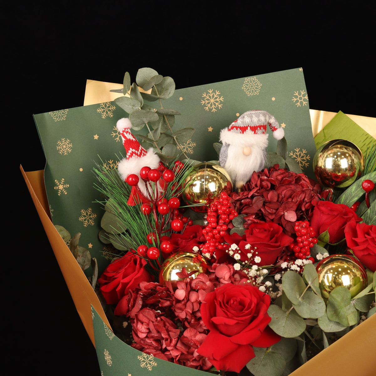 Golden Snowflake - red roses and crimson blooms with eucalyptus, Christmas flowers Dubai