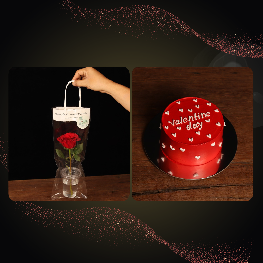 Hello Love Rose & Cake Gift – red rose in a gift bag and red Valentine's bento cake, Dubai delivery
