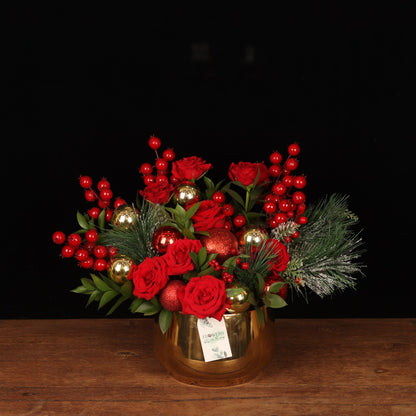 Majestic Gold Arrangement - velvet red roses, pine and gold ornaments in a metallic gold vase, luxury Christmas flowers Dubai