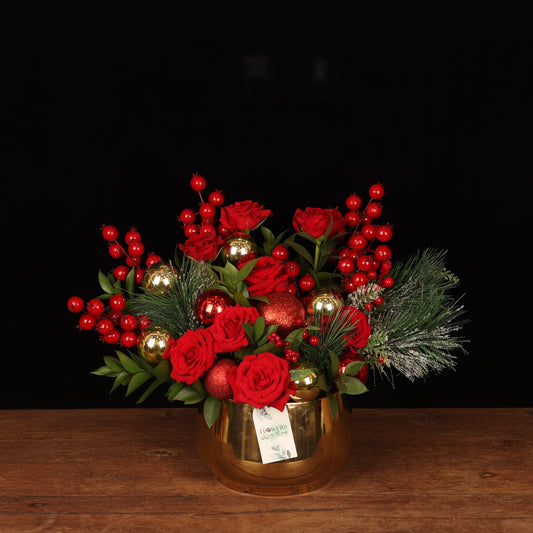 Majestic Gold Arrangement - velvet red roses, pine and gold ornaments in a metallic gold vase, luxury Christmas flowers Dubai