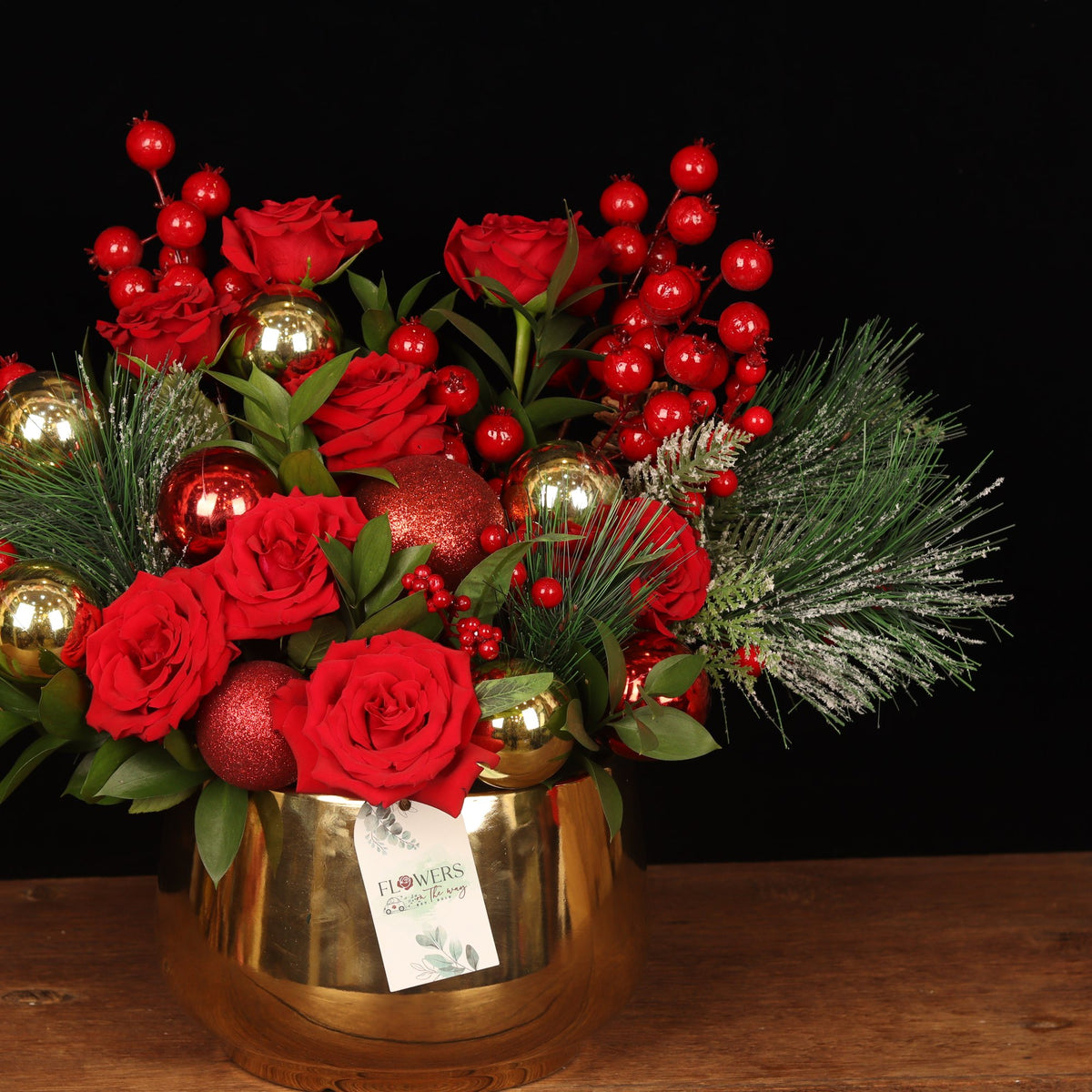 Majestic Gold Arrangement - gold vase and red roses, Christmas flowers Dubai