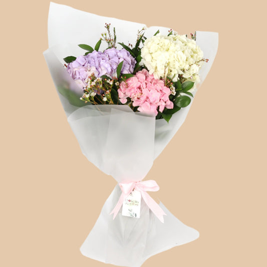 "رُقي الهدرنجا – بوكيه هدرنجا أبيض وبنفسجي" "Hydrangea Elegance – White & Purple Bouquet" - Flowers On The Way