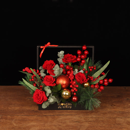 Royal Framed Holiday - velvet red roses, pine and ornaments in a black framed Christmas flower box, flower delivery Dubai