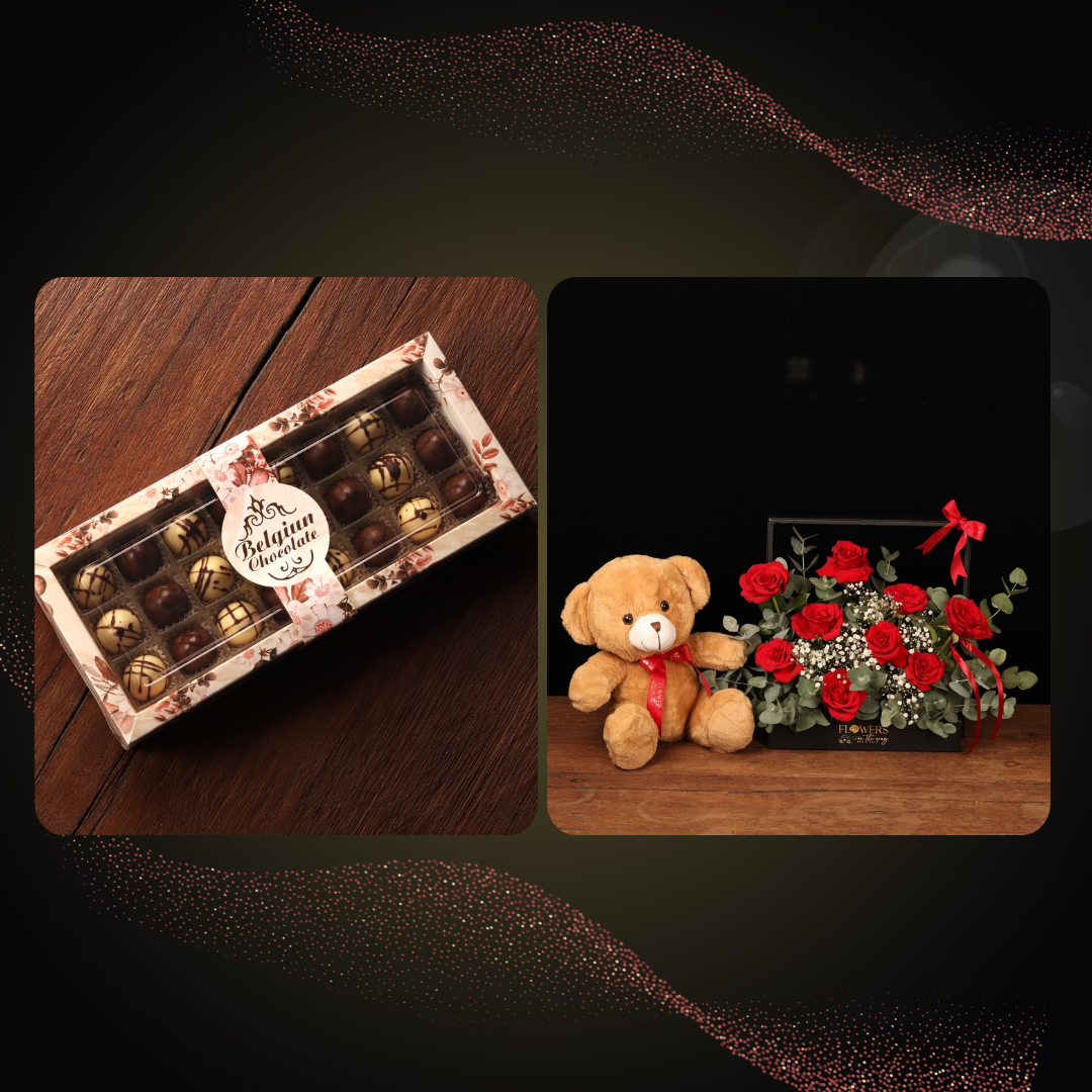 Sweet Surrender Rose, Teddy & Truffle Set – 9 red roses, teddy bear and Belgian chocolates, Dubai