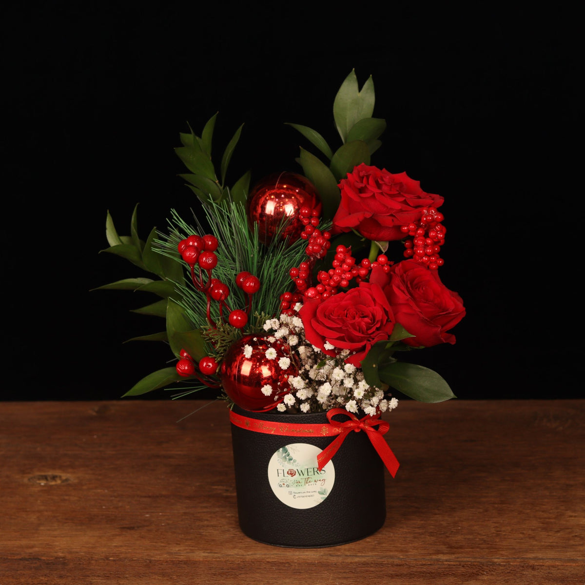 Winter Sparkle Mini - close-up of red roses and red ornaments, Christmas flower box Dubai