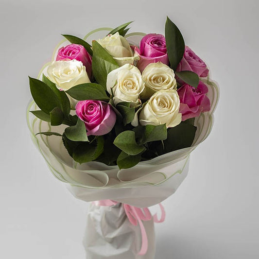 Hand Bouquet of Pink and White Roses
